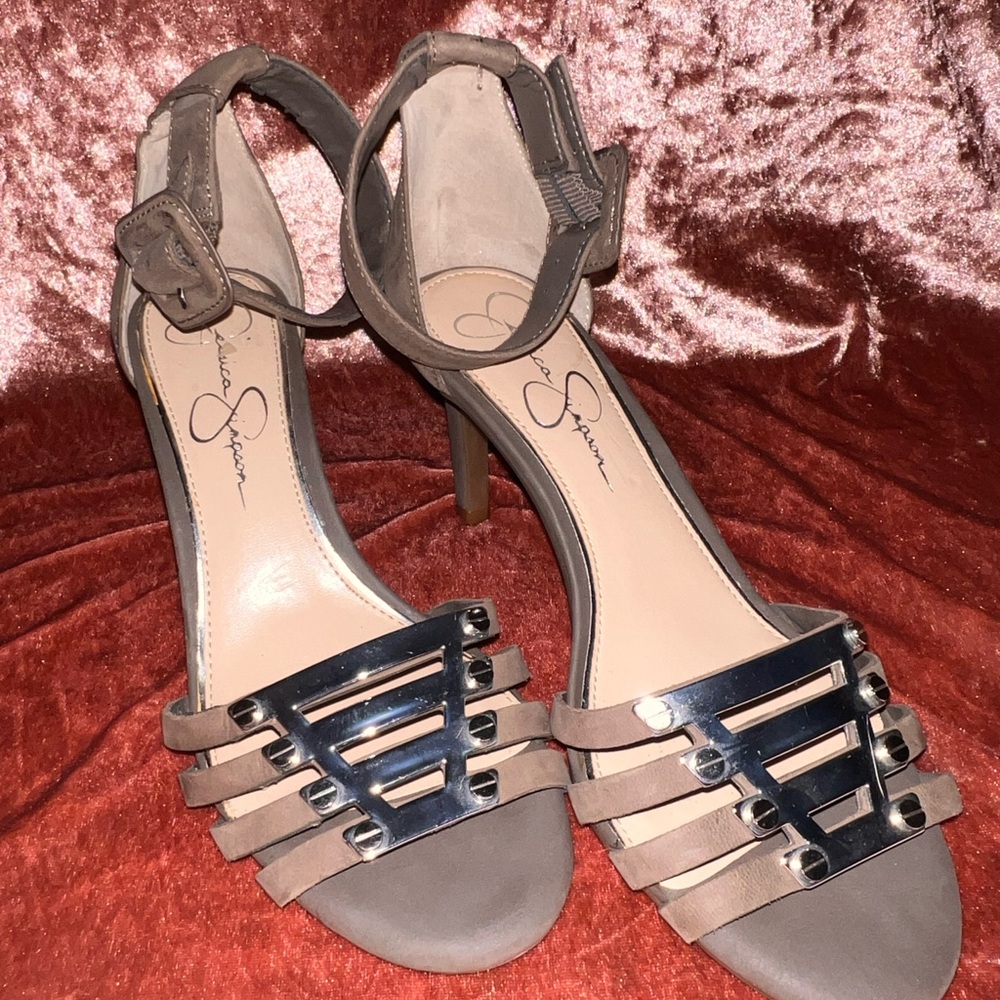 Jessica Simpson Taupe and Silver Strappy Heels - Size not marked but fit like 7